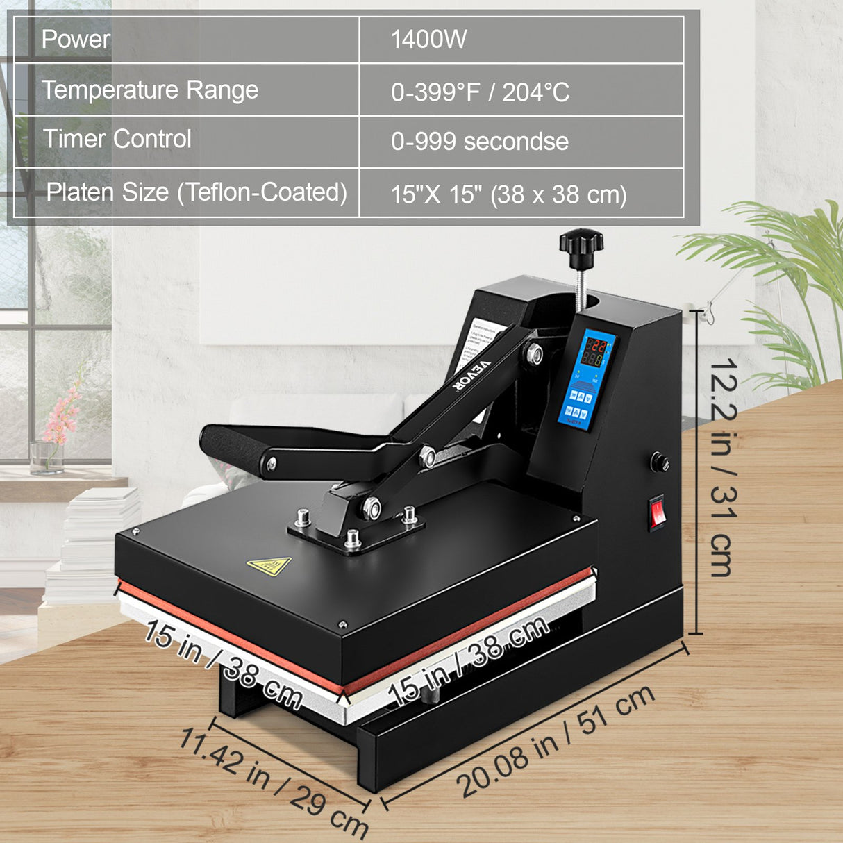 Teflon coated upper platen of the 15 x 15 inch heat press