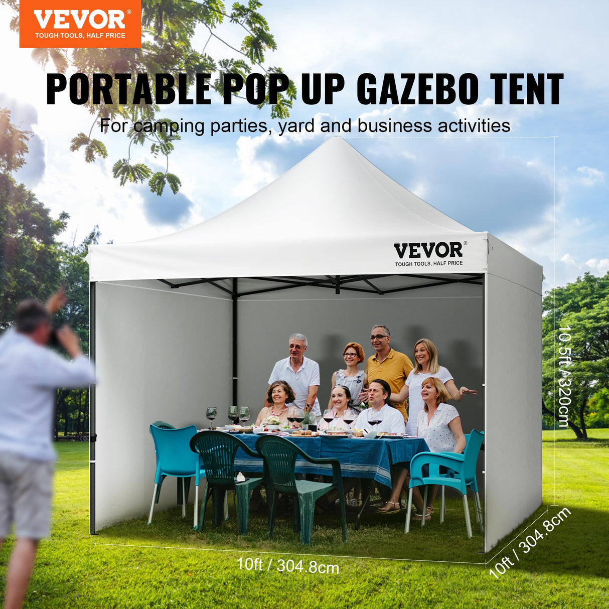 Angled view of the white instant canopy tent showing the peaked roof