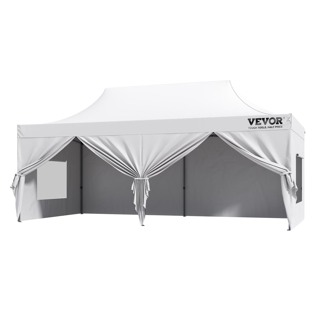 White 3 x 6 m pop up gazebo with sidewalls fitted, set up outdoors