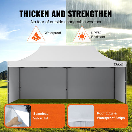 Pop up gazebo with sidewalls removed, shading a long table and chairs