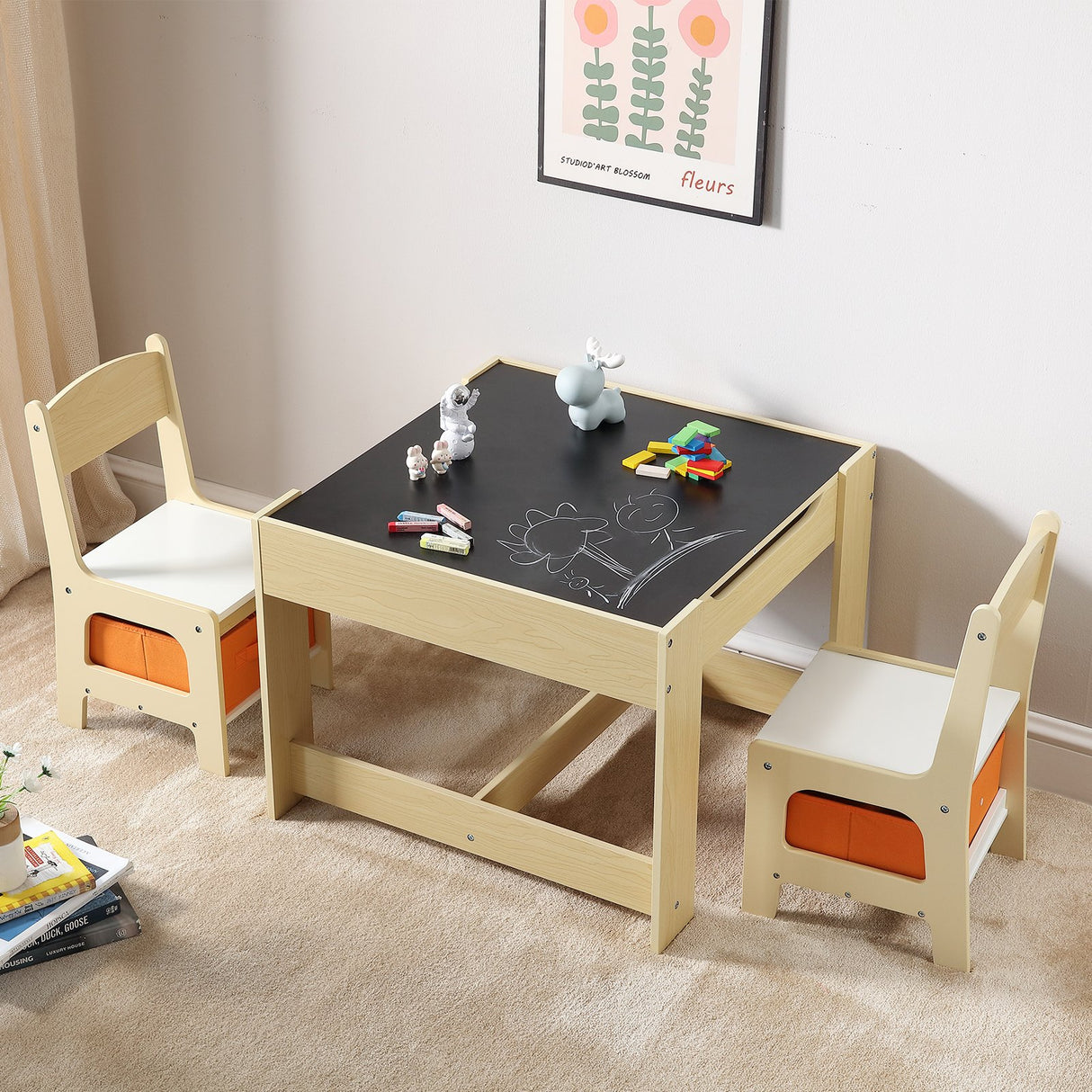 Kids wooden activity table and chair set with storage boxes