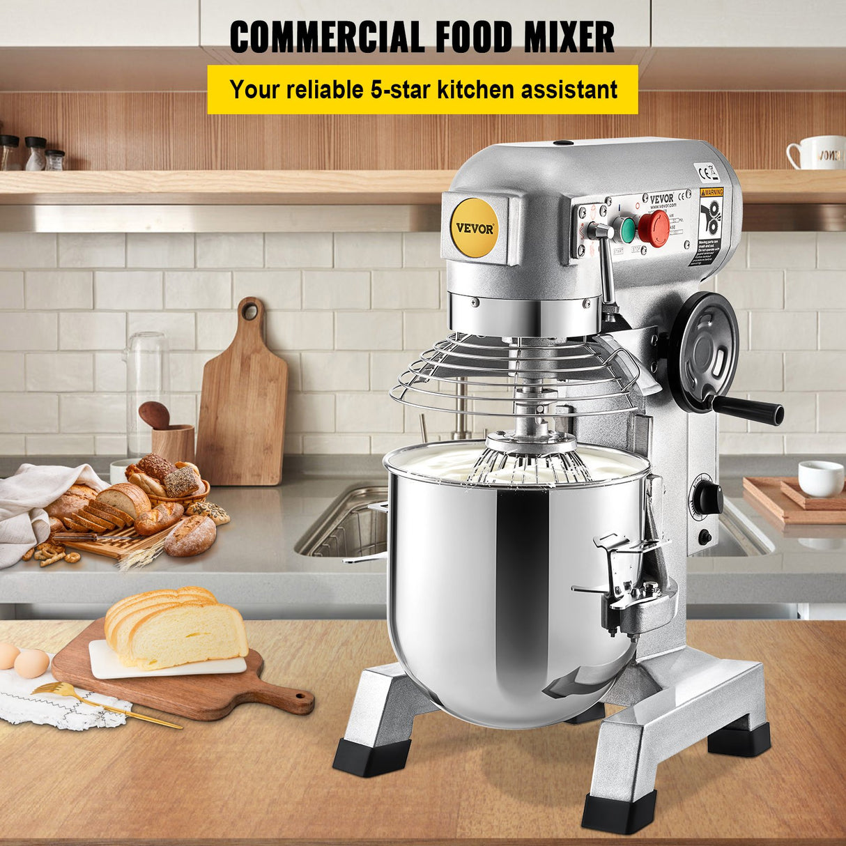 Front view of the heavy duty electric food mixer with control knobs