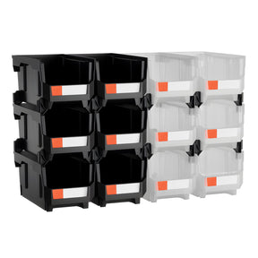Plastic stackable storage bins 12 pack black and transparent