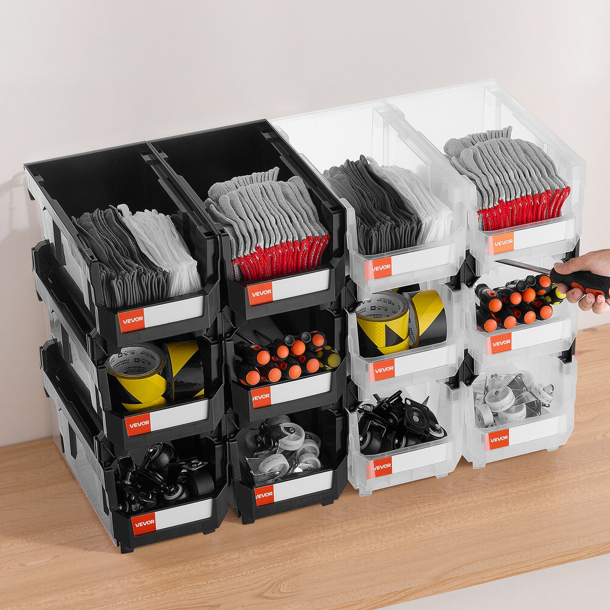 Plastic stackable storage bins 12 pack black and transparent