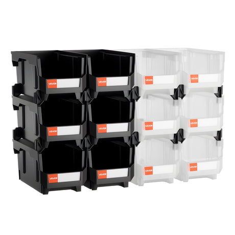Plastic stackable storage bins 12 pack black and transparent