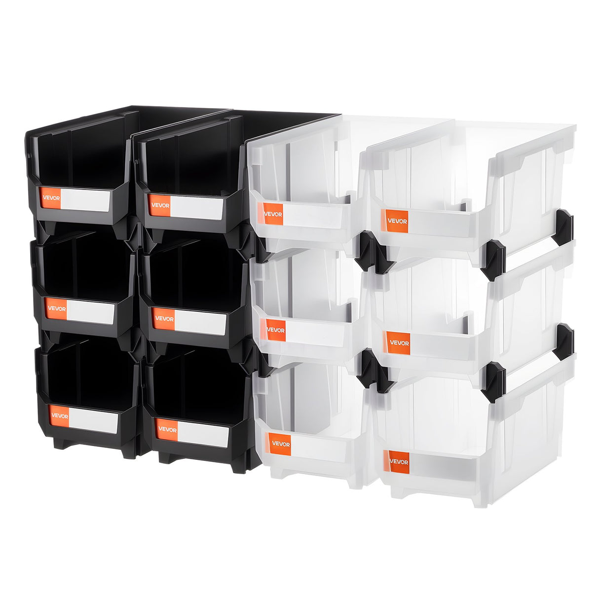 Plastic stackable storage bins 12 pack black and transparent