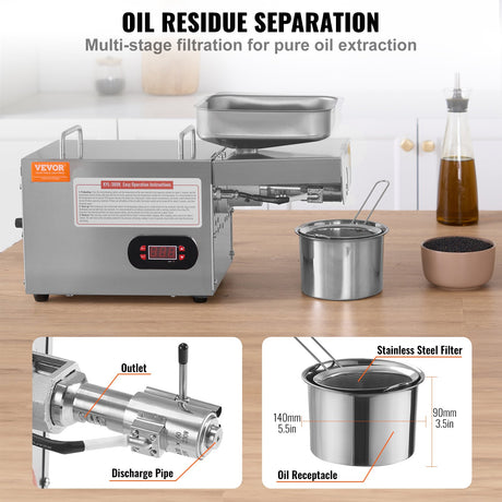 Oil outlet and residue guide tube on the electric oil press