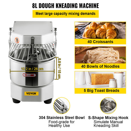 Stainless steel 8 L mixing bowl removed from the dough mixer