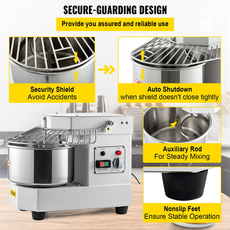 Protective shield closed over the bowl of the dough mixer