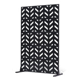 Front view of the black decorative metal privacy screen with base feet
