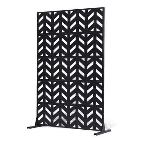 Front view of the black decorative metal privacy screen with base feet