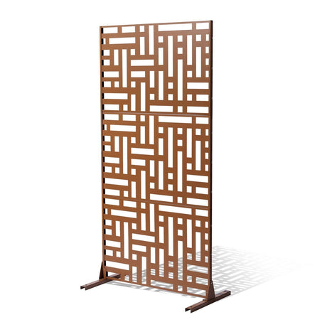 Front view of the brown decorative metal privacy screen and its base feet