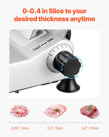 Thickness adjustment knob set between 0 mm and 10 mm on the meat slicer