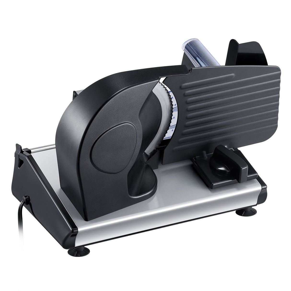 Electric meat slicer on a kitchen bench with sliced cold cuts