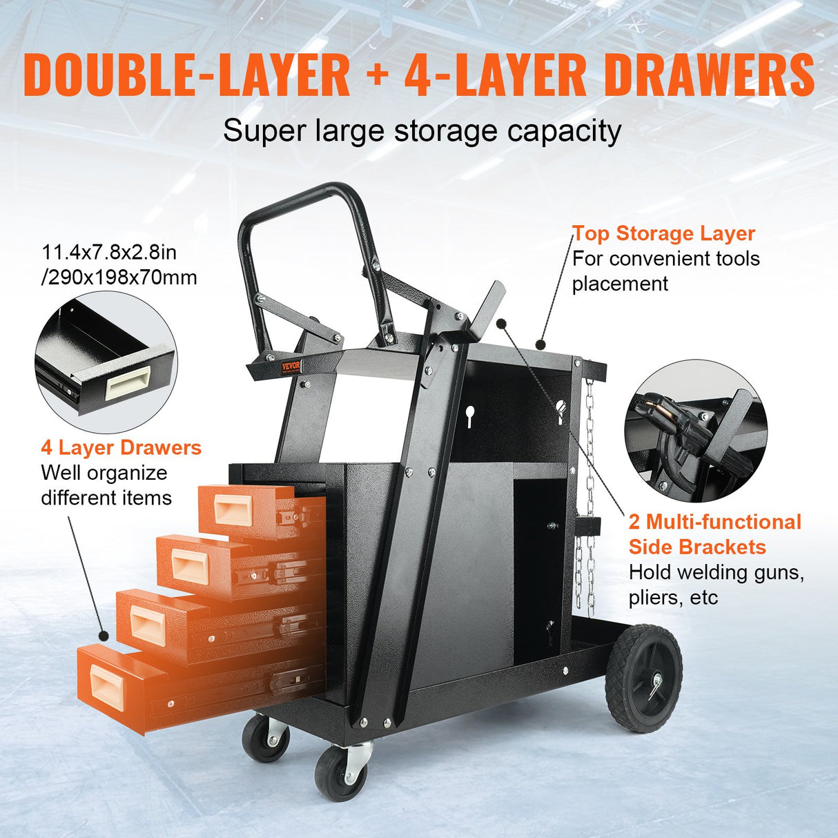 Welding Trolley Cart 2 Tier 4 Drawer With Gas Bottle Storage
