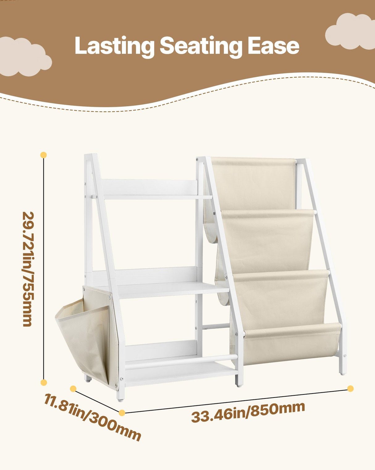 Kids Bookshelf with Sling Book Rack and Storage Bag, 3 Tier