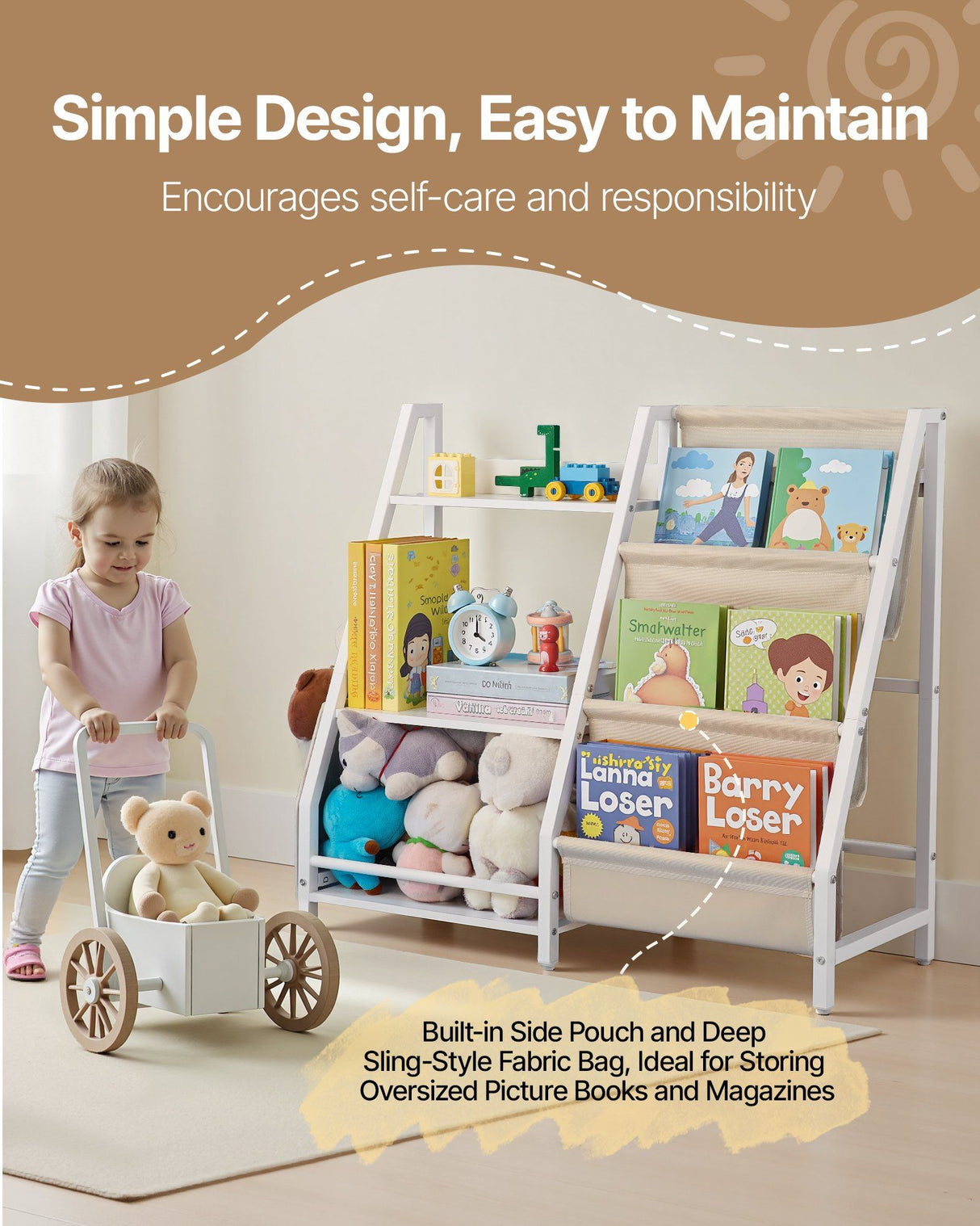 Kids Bookshelf with Sling Book Rack and Storage Bag, 3 Tier