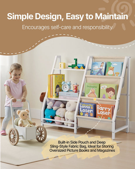 Kids Bookshelf with Sling Book Rack and Storage Bag, 3 Tier