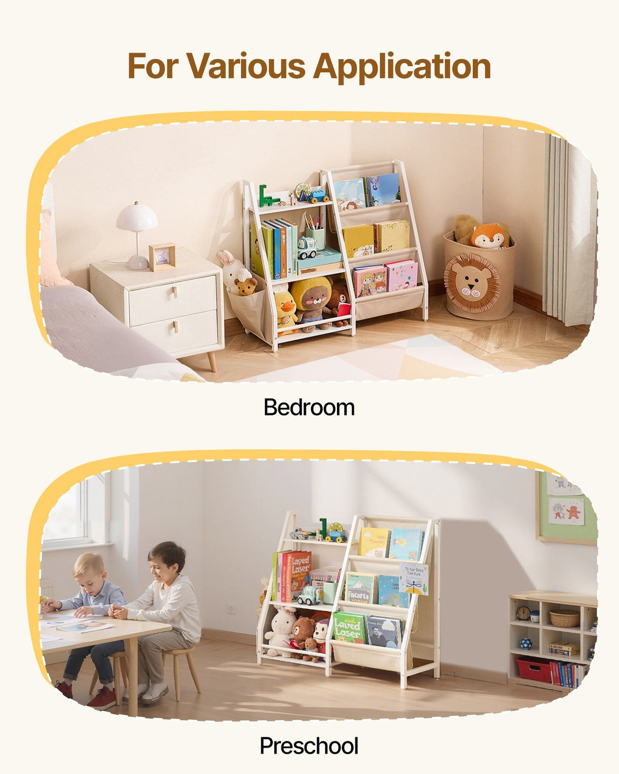 Kids Bookshelf with Sling Book Rack and Storage Bag, 3 Tier