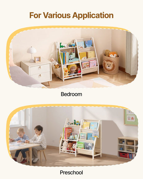 Kids Bookshelf with Sling Book Rack and Storage Bag, 3 Tier