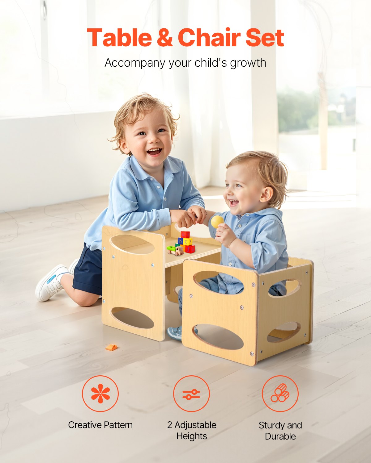 Montessori Weaning Table and Chair Set, Adjustable Height, Natural