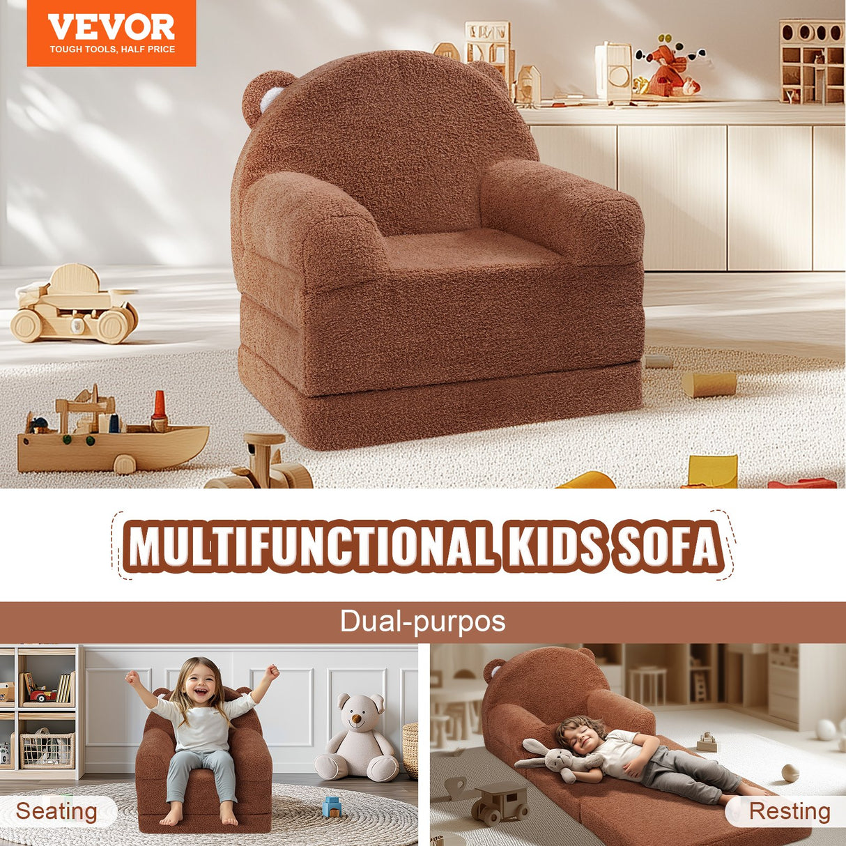Foldable two in one kids sofa and lounger in brown