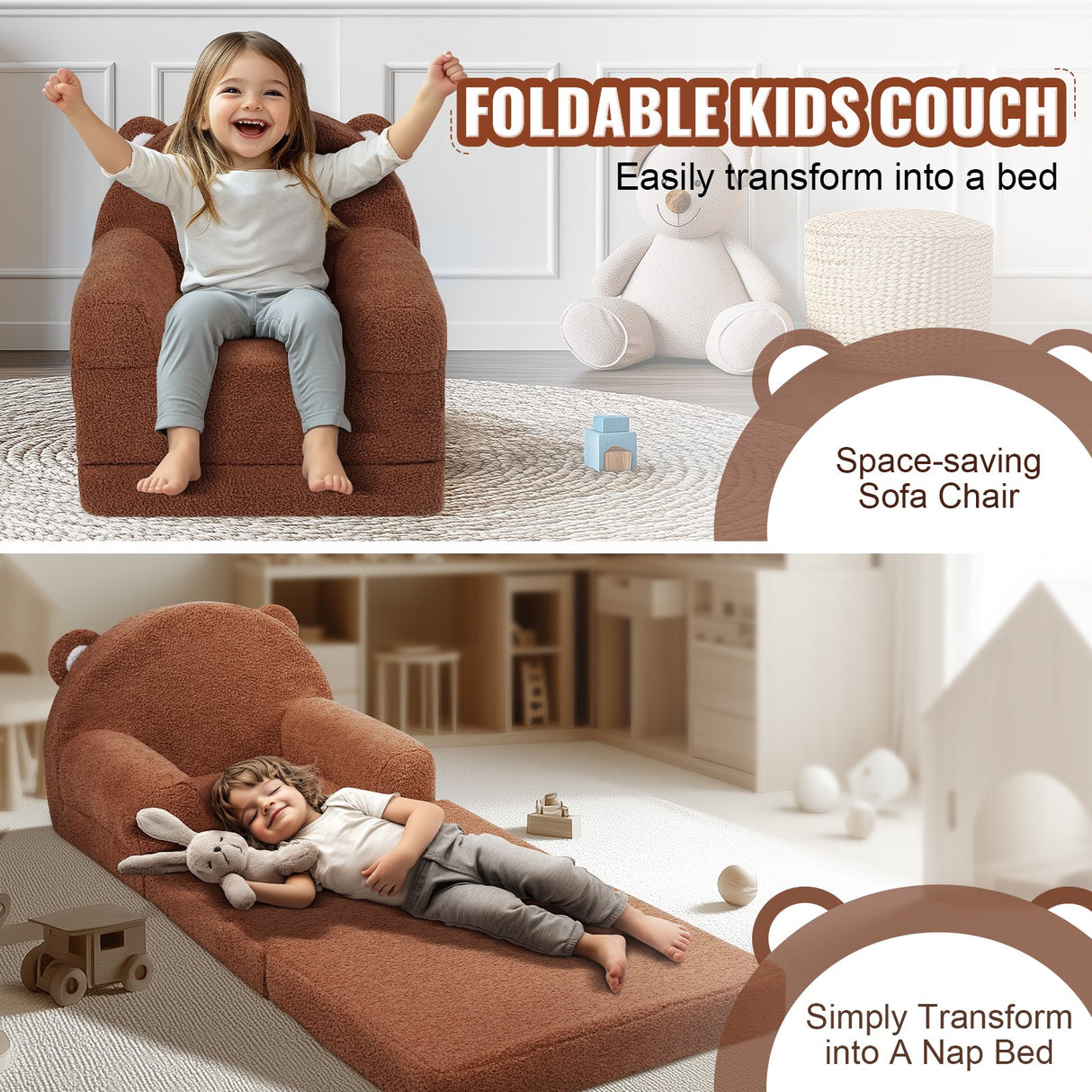 Foldable two in one kids sofa and lounger in brown
