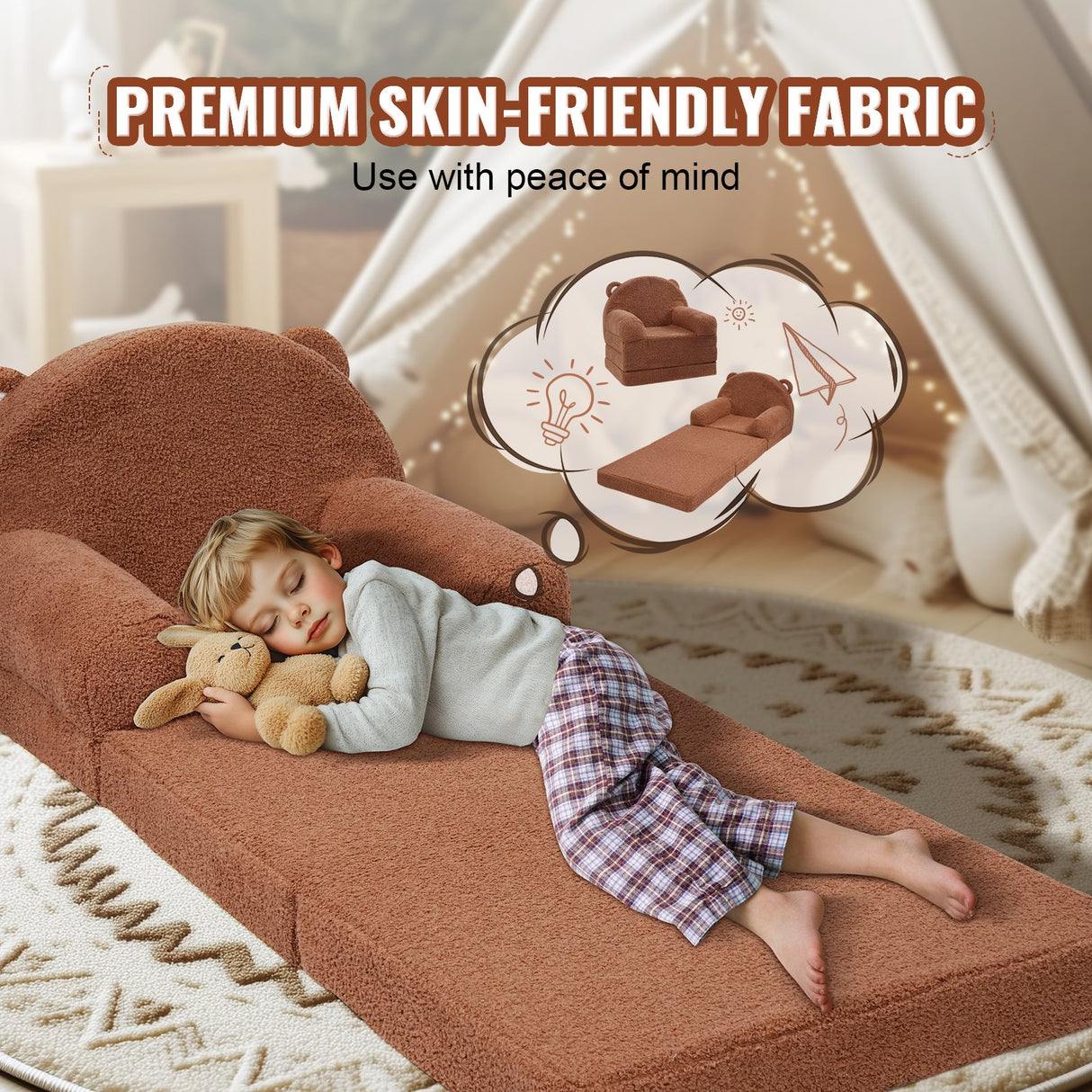 Foldable two in one kids sofa and lounger in brown