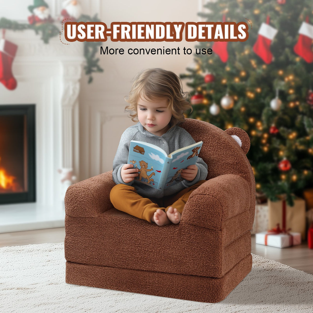 Foldable two in one kids sofa and lounger in brown