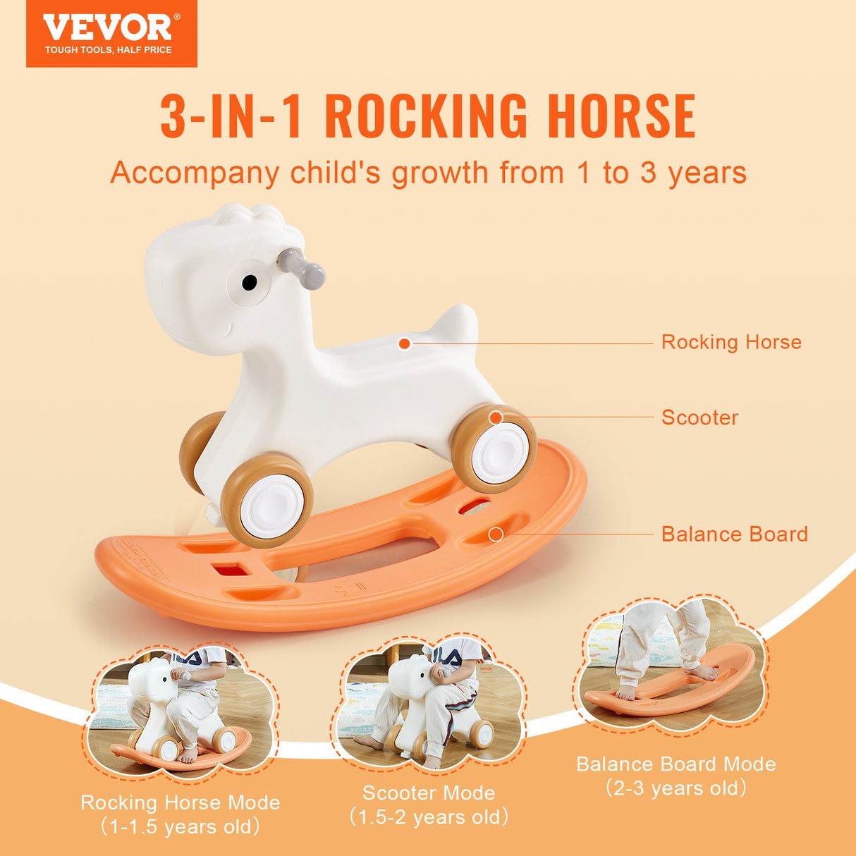 Orange 3 in 1 kids rocking horse ride on toy with detachable balance board