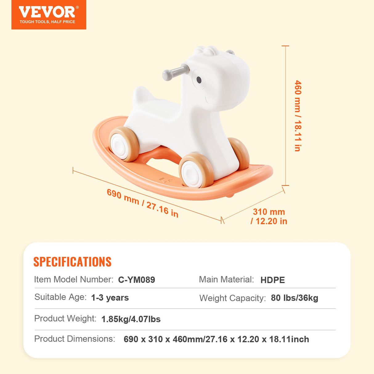 Orange 3 in 1 kids rocking horse ride on toy with detachable balance board