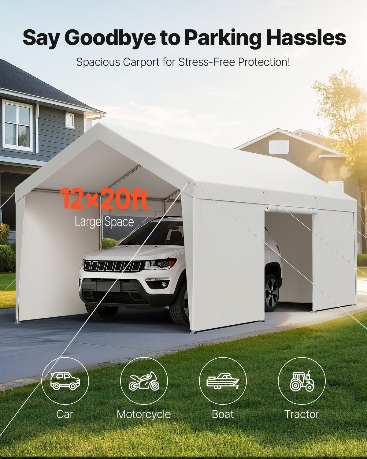 Wide grey portable garage viewed from the front with zip door closed