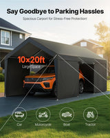 Enclosed grey portable garage viewed from the front with zip door closed