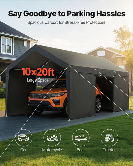 Enclosed grey portable garage viewed from the front with zip door closed