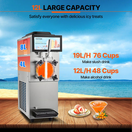 Slushy machine filled with frozen drink beside a served glass