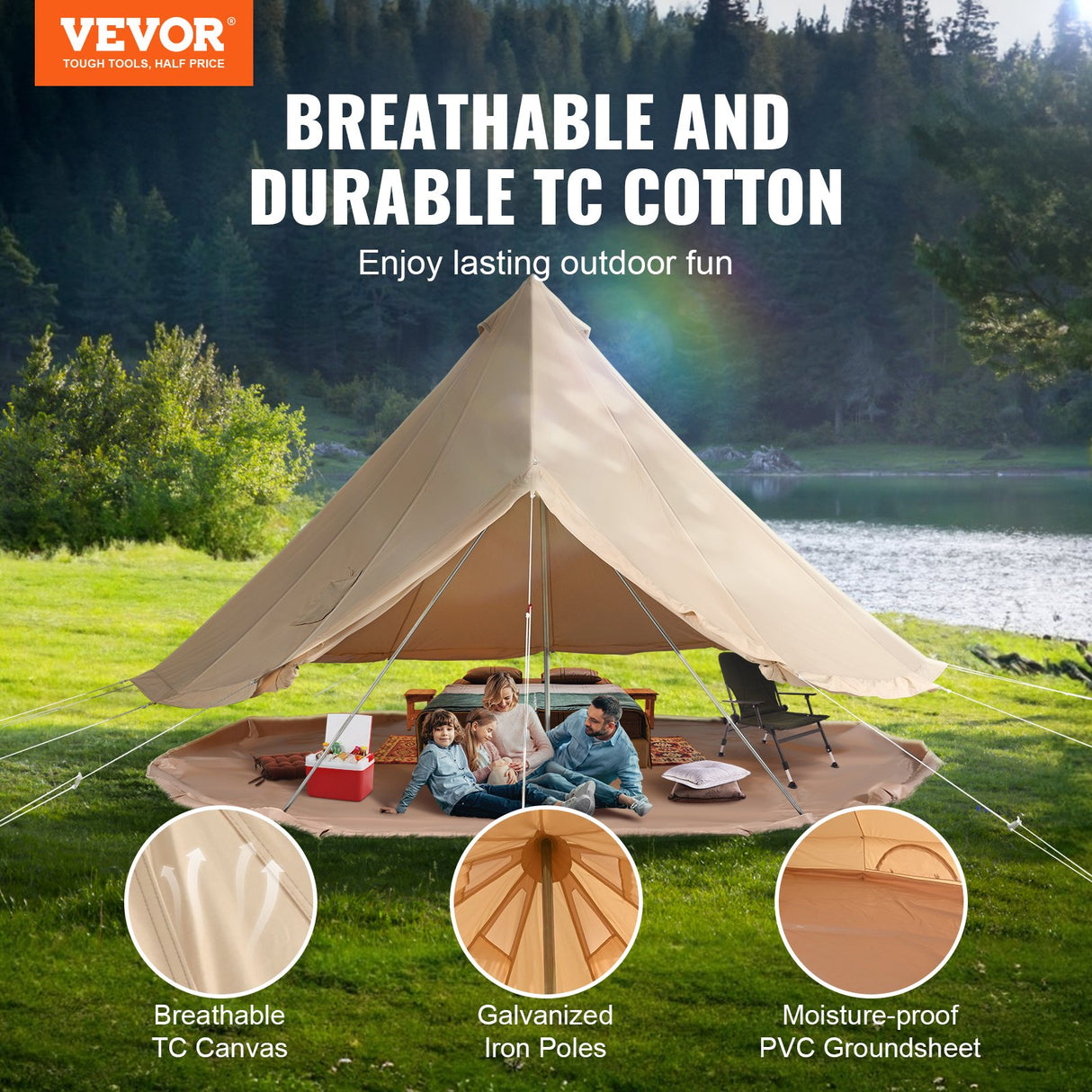 Canvas Bell Tent, 3m, 4-Person, 4-Season, Cream