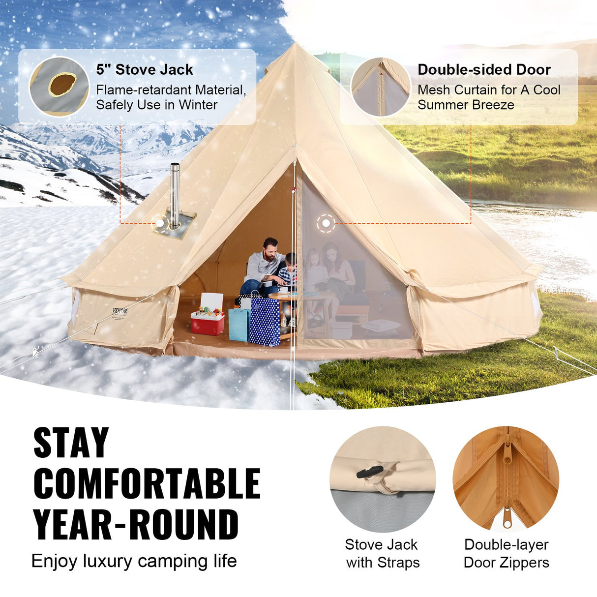 Canvas Bell Tent, 3m, 4-Person, 4-Season, Cream