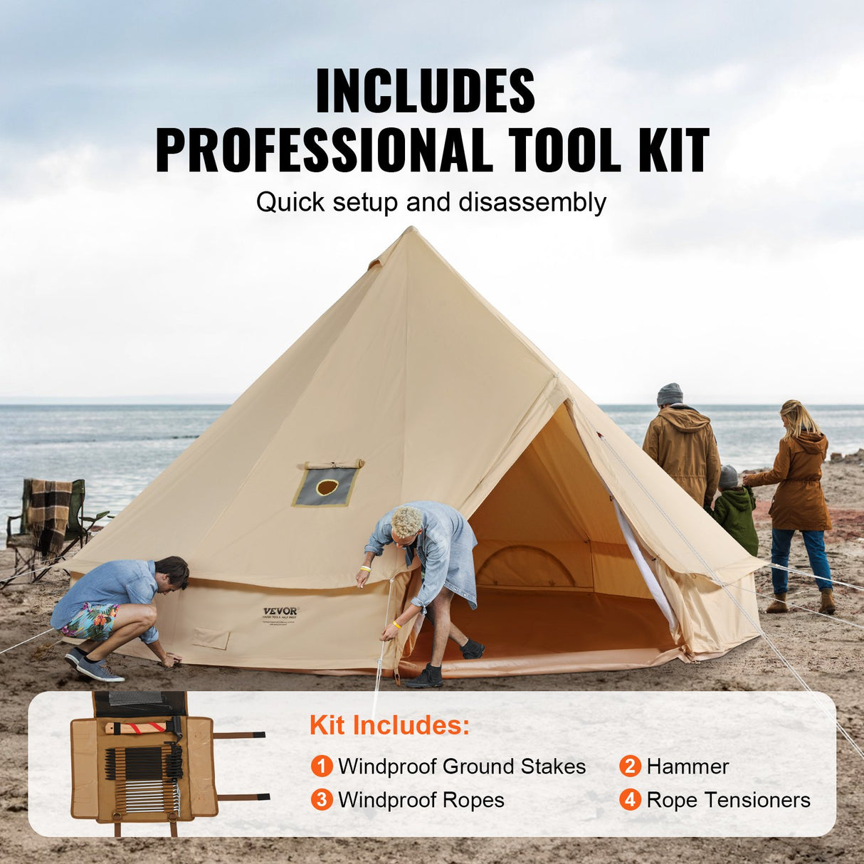 Canvas Bell Tent, 3m, 4-Person, 4-Season, Cream