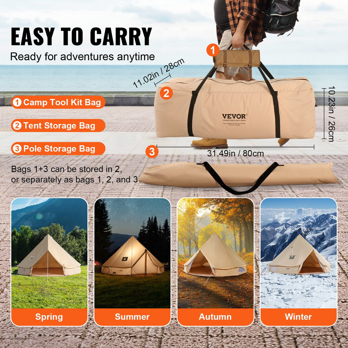 Canvas Bell Tent, 3m, 4-Person, 4-Season, Cream