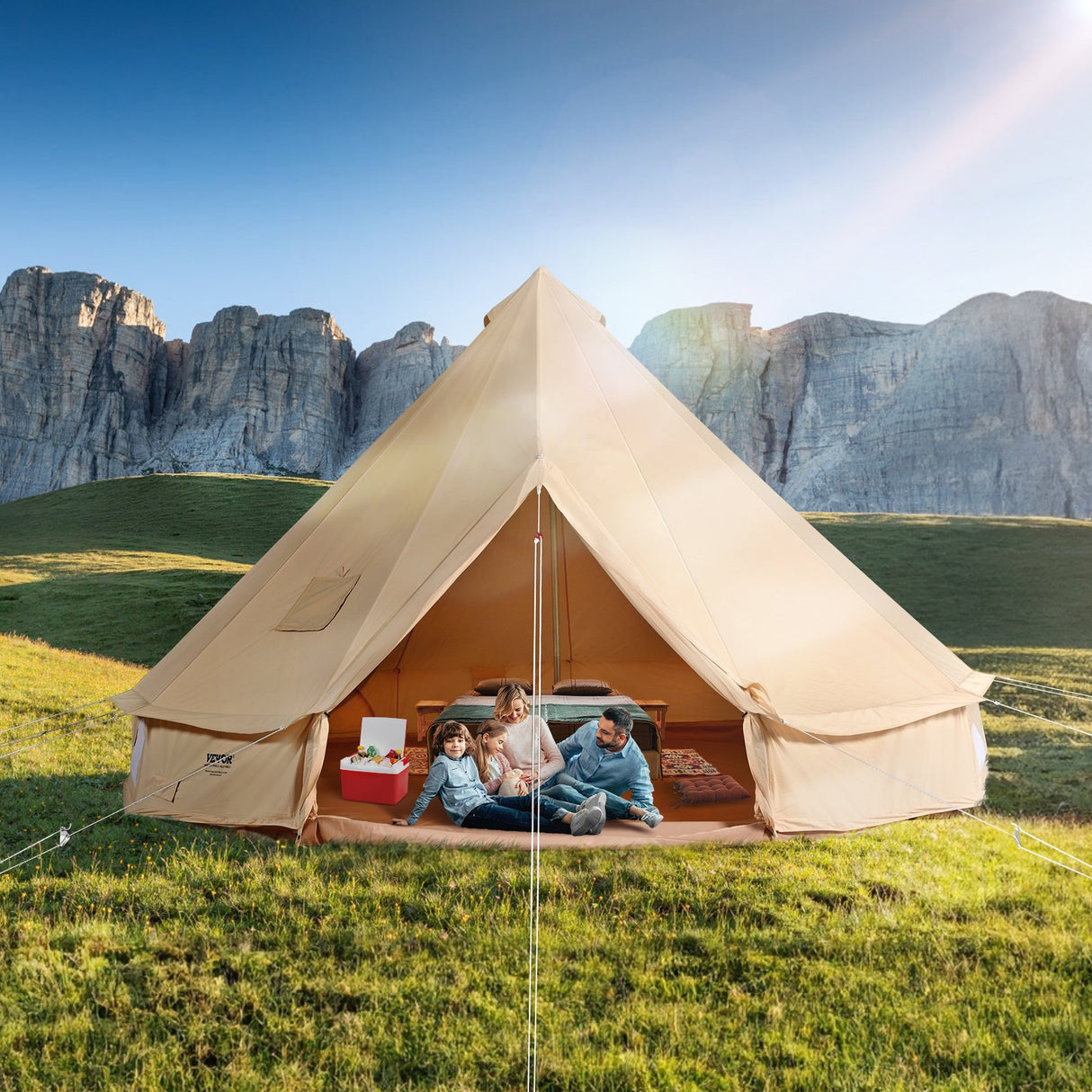 Canvas Bell Tent, 4m, 6-Person, 4-Season, Cream