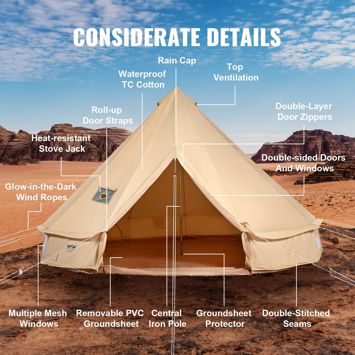 Canvas Bell Tent, 4m, 6-Person, 4-Season, Cream