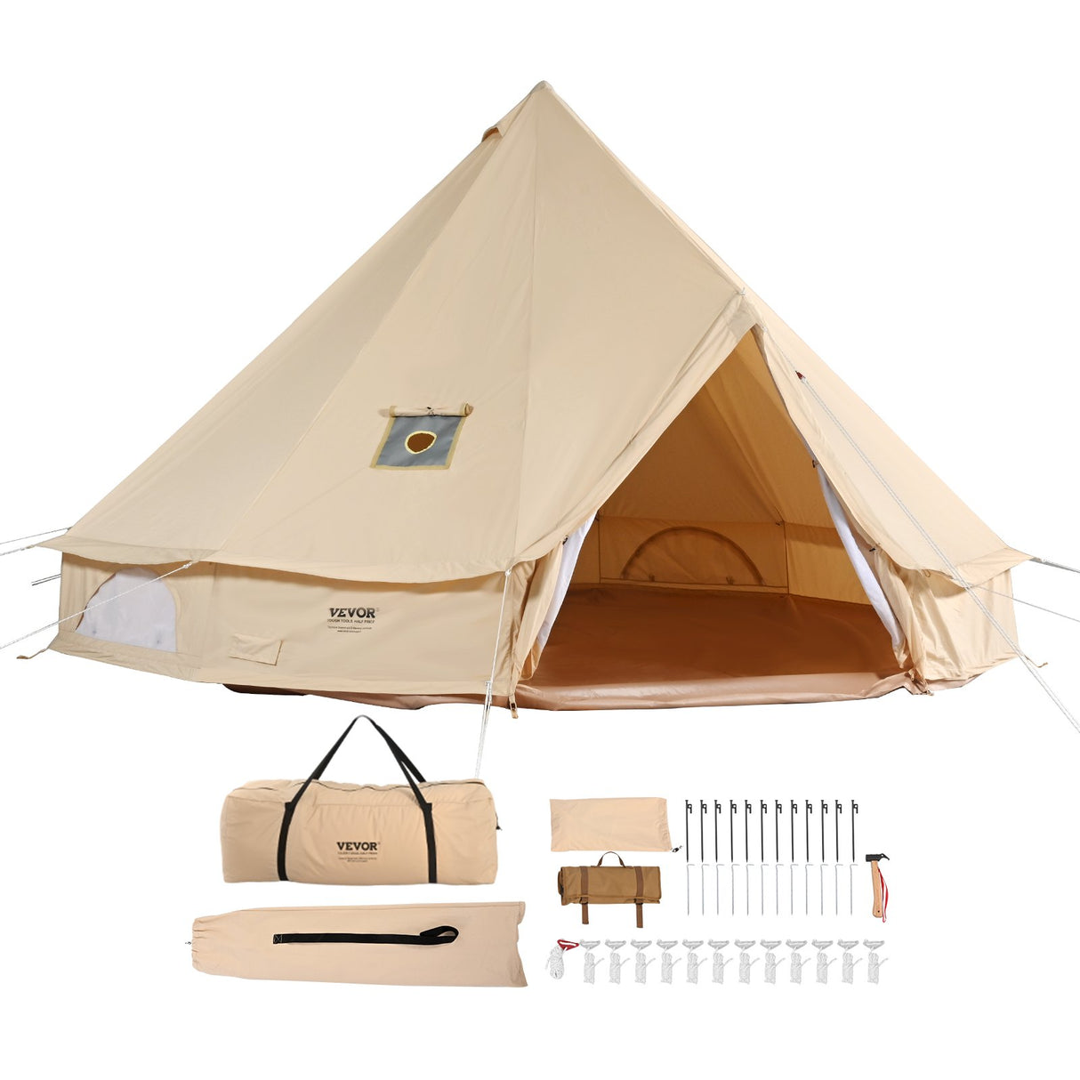 Canvas Bell Tent, 5m, 8-Person, 4-Season, Cream