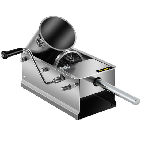 Manual sausage stuffer making snack sticks on a kitchen bench