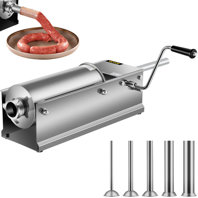 Horizontal manual sausage stuffer, 5 L, in 304 stainless steel with dual speed crank