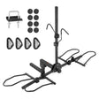 Folding two bike hitch rack holding bicycles on the rear of a car