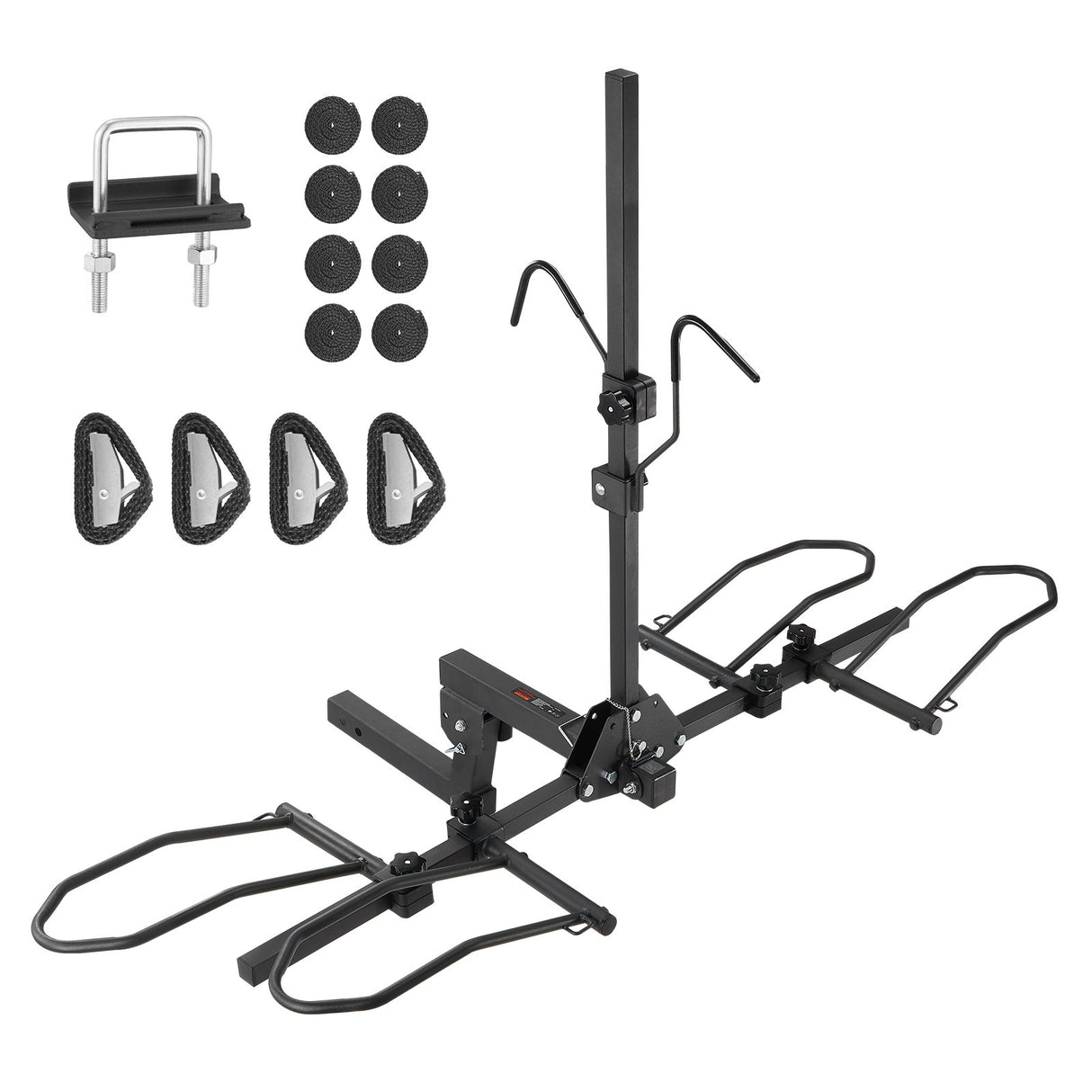 Folding two bike hitch rack holding bicycles on the rear of a car