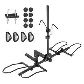 Folding two bike hitch rack holding bicycles on the rear of a car