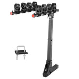 Folding four bike hitch rack loaded with bicycles behind an SUV