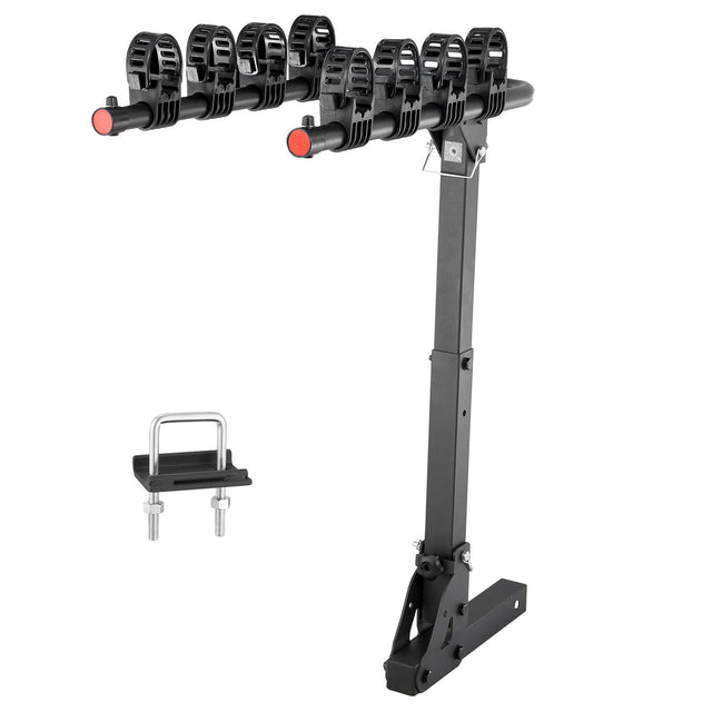 Folding four bike hitch rack loaded with bicycles behind an SUV