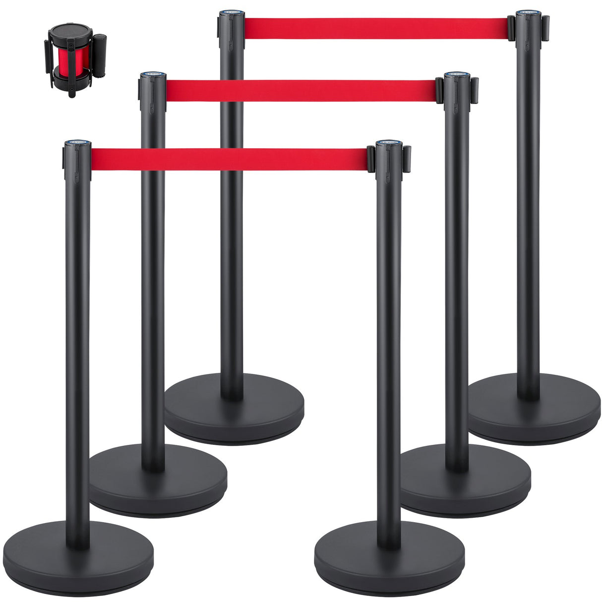 Black stainless steel crowd control stanchion set with retractable belt